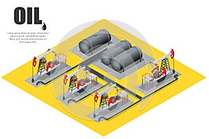 Oil field extracting crude oil. Oil pump. Oil industry equipment. Flat 3d Vector isometric illustration.