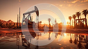 Oil field, oil pumps work in the evening. Oil pump and beautiful sunset reflected in the water, silhouette of a beam pumping plant