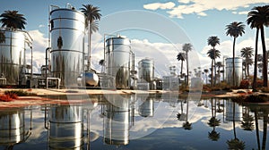 Oil field, oil pumps work in the evening. Oil pump and beautiful sunset reflected in the water, silhouette of a beam pumping plant