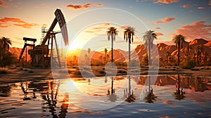 Oil field, oil pumps work in the evening. Oil pump and beautiful sunset reflected in the water, silhouette of a beam pumping plant