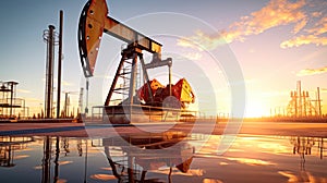 Oil field, oil pumps work in the evening. Oil pump and beautiful sunset reflected in the water, silhouette of a beam pumping plant