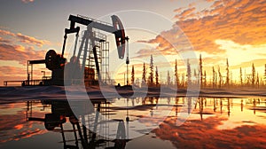 Oil field, oil pumps work in the evening. Oil pump and beautiful sunset reflected in the water, silhouette of a beam pumping plant