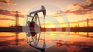 Oil field, oil pumps work in the evening. Oil pump and beautiful sunset reflected in the water, silhouette of a beam pumping plant