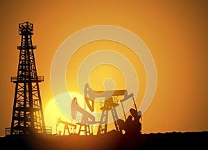 Oil field over sunset. Vector illustration. Gas industry. Dark silhouette drilling rig.