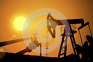 Oil field over sunset. Vector illustration. Gas industry. Dark silhouette drilling rig.