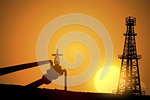 Oil field over sunset. Vector illustration. Gas industry. Dark silhouette drilling rig.