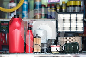 Oil filter, Air Filter, Oil lubricant, Fuel Filter and Cabin or Air Conditioner Filter  in the auto parts shop