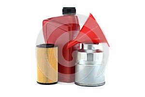 Oil filters motor oil canister and funnel on white