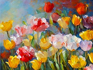 Oil flowers. Beautiful delicate feminine multi-colored spring or summer flowers close-up, generated by AI. Bouquet of