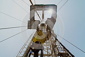 Oil and Gas Drilling Rig onshore dessert with dramatic cloudscape. Oil drilling rig operation on the oil platform in oil and gas