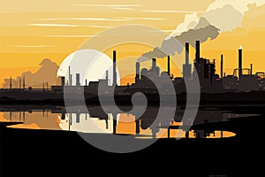 Oil or gas factory, industrial buildings panorama and dirty air. Industry in city, environmental pollution and ecology