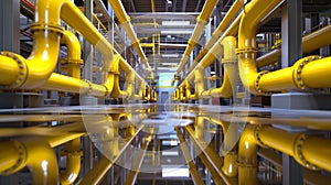 Oil and gas factory plant with yellow pipeline