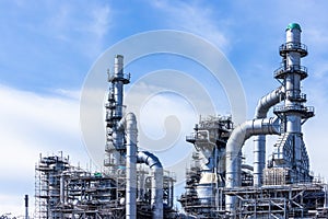 Oil and gas industrial with blue sky background, Oil refinery plant form industry zone, Refinery factory oil storage tank and