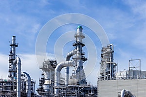 Oil and gas industrial with blue sky background, Oil refinery plant form industry zone, Refinery factory oil storage tank and