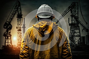 Oil gas industry business with working man back view, created with Generative AI technology