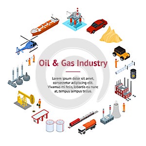 Oil Gas Industry Concept Banner Card Circle 3d Isometric View. Vector