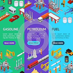 Oil Gas Industry Concept Banner Vecrtical Set 3d Isometric View. Vector