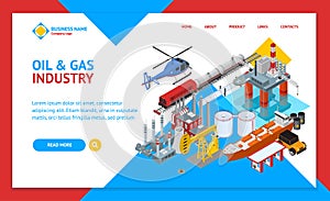 Oil Gas Industry Concept Landing Web Page Template 3d Isometric View. Vector