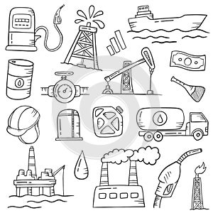 Oil and gas industry doodle hand drawn set collections with outline black and white style