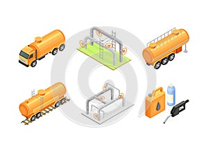 Oil and gas industry elements set. Extraction, production, refinery and transportation isometry vector illustration