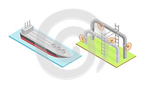 Oil gas industry elements set. Pipeline and oil tanker ship isometric vector illustration