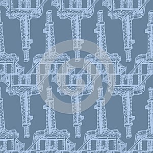 Oil and Gas industry. Exploration stationary drilling rig. Seamless pattern.