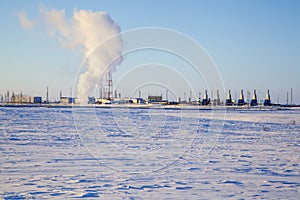 Oil, gas industry. Gas booster compressor station, gas transportation plant, panoramic