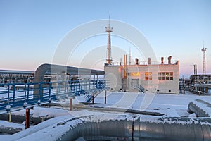 Oil, gas industry. Gas booster compressor station, gas transportation plant, photo panorama