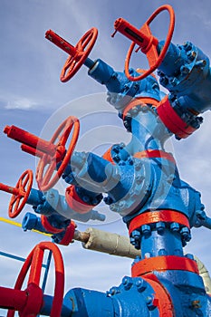 Oil, gas industry. Group wellheads and valve armature , Gas valve, Gas well of high pressure