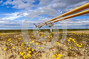 Oil, gas industry. Group wellheads and valve armature, Gas valve, Gas well of high pressure, against the blue sky with clouds