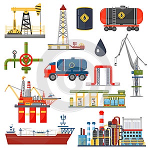 Oil gas industry infographics concept. Gasoline diesel fuel transportation and distribution icons.