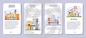 Oil and gas industry mobile application banner set. Fuel factory,