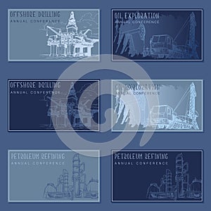 Oil and gas industry rectangular banner template set. visit cards template set.