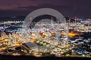 Oil and gas industry - refinery, from drone camera ,Oil refinery and Petrochemical plant at night over lighting