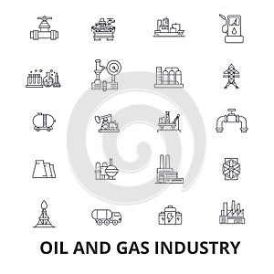 Oil and gas industry, rig, platform, exploration, refinery, energy, industrial line icons. Editable strokes. Flat design