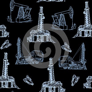 Oil and Gas industry. Stationary and mobile exploration drilling rigs. Gray on Black. Seampless pattern.