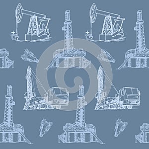 Oil and Gas industry. Stationary and mobile exploration drilling rigs. Seampless pattern.