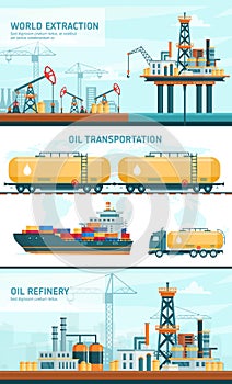 Oil gas industry technology flat vector illustrations, cartoon infographic presentation with extraction, transportation