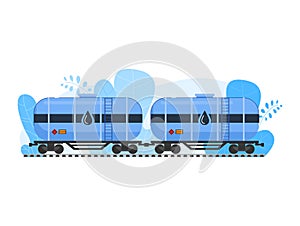 Oil gas industry vector illustration, cartoon flat freight railroad train with tanker cars transporting crude oil
