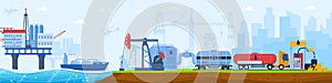 Oil gas industry vector illustration, cartoon flat industrial urban landscape with plant silhouettes, cargo truck