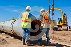 Oil and gas industry workers collaborating on a pipeline construction project, with heavy machinery and equipment on site