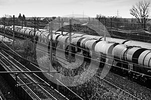 Oil, gas and liquefied petroleum gas LPG, LP gas, or condensate freight train wagons in a station near Bucharest, Romania