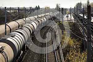 Oil, gas and liquefied petroleum gas LPG, LP gas, or condensate freight train wagons in a station near Bucharest, Romania