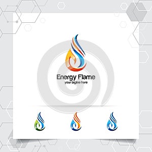 Oil gas logo design vector with concept of fire blazing and oil droplets icon for mining industry and fuel processing