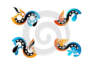 Oil gas logo, gear flame water symbol and fuel vector concept design