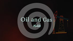 Oil and Gas Markets inscription on abstract fire flames background. Graphic presentation of oil and gas rig platform