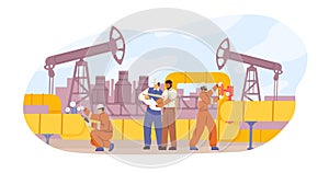 Oil or gas pipeline service vector flat illustration. Engineer and oilman looking to professional document isolated