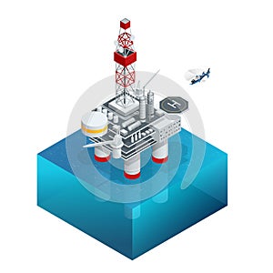 Oil and gas platform in the gulf or the sea. The world energy. Offshore oil and rig construction. Vector isometric icon.