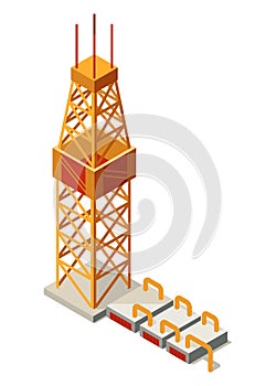 Oil gas platform isometric icon composition. Offshore mining element of depot petroleum products with drilling rig