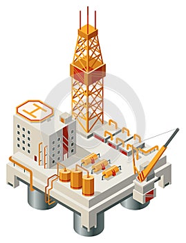 Oil gas platform isometric icon composition. Offshore mining element of depot petroleum products with drilling rig